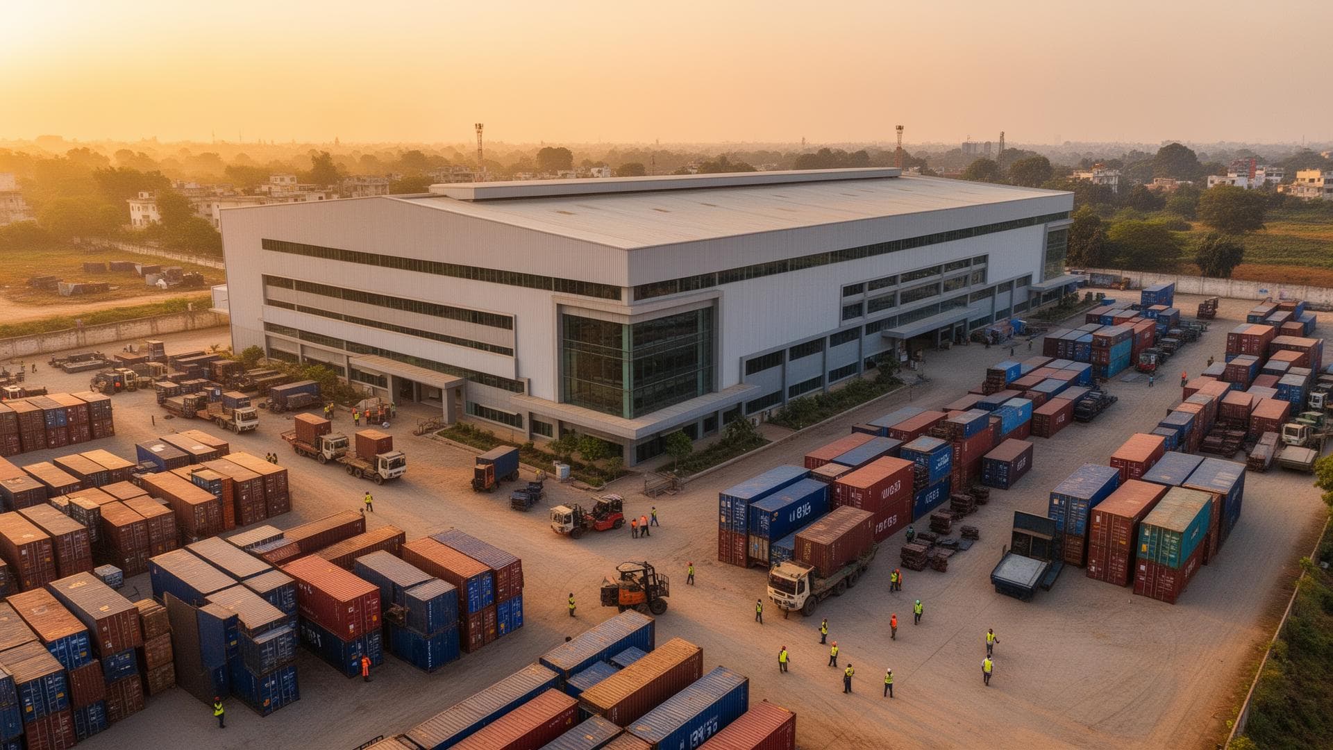 Factory and shipping containers in India